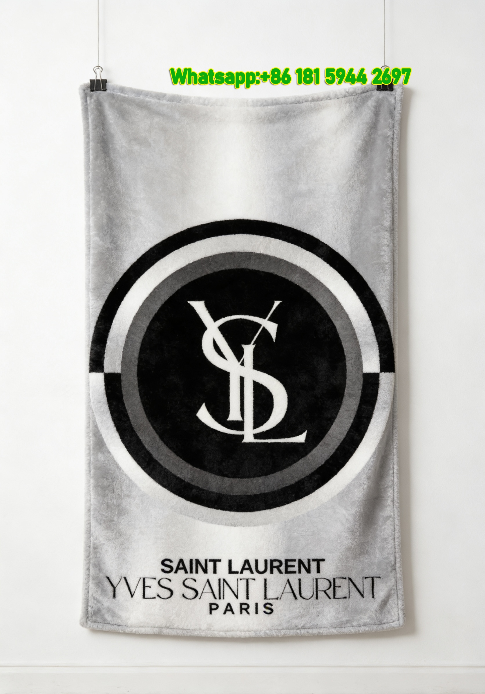 Yves Saint Laurent YSL Black Silver Metallic Logo Printed Flannel Sofa Throw Blanket IMG_3225